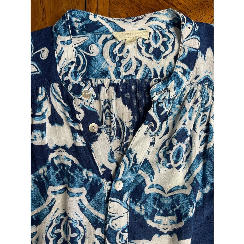 Haute Hippie Blouse Blue White Damask Paisley Button Front Boho Top S - Picture 3 of 11